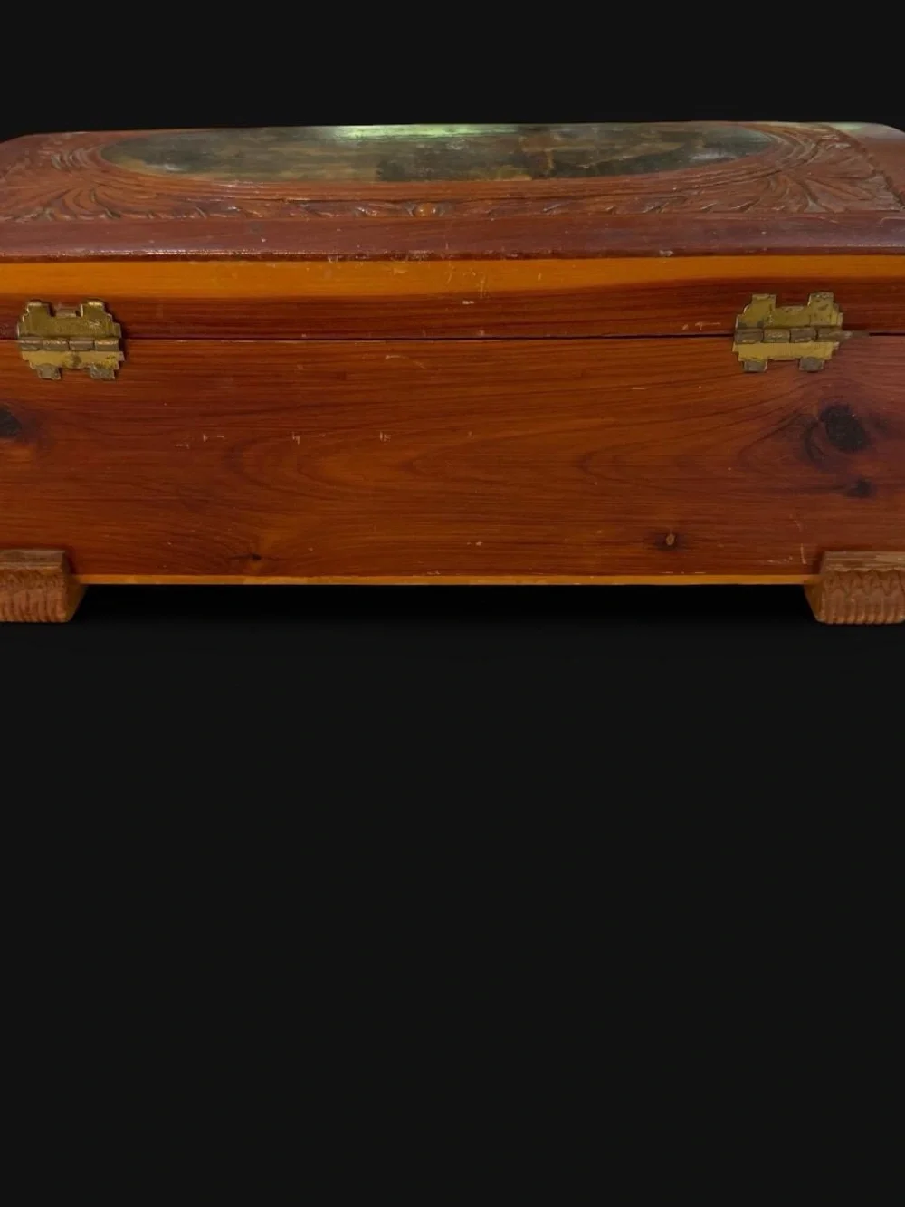 Vintage Hand-Carved Wooden Jewelry Box with Scenic Inlay